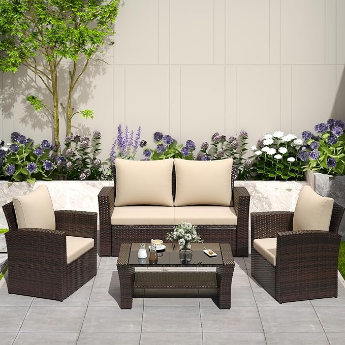 Solaste 4 Piece Patio Outdoor Furniture Sets,Patio Conversation Sofa Wicker Chair with Cushion,Hand Woven Rattan Sofa for Porch Backyard Outside Garden Lawn Yard,Brown