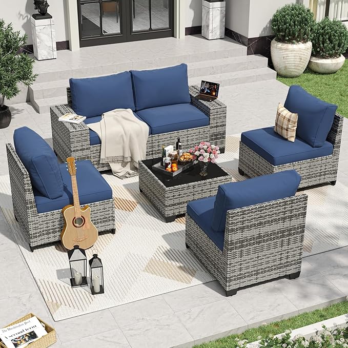 Aoxun 6 Pieces Patio Furniture Set Wicker Rattan Outdoor Sectional Conversation Set with Coffee Table and 4” Thickened Cushions, Gray Blue(Waterproof Cover Included)
