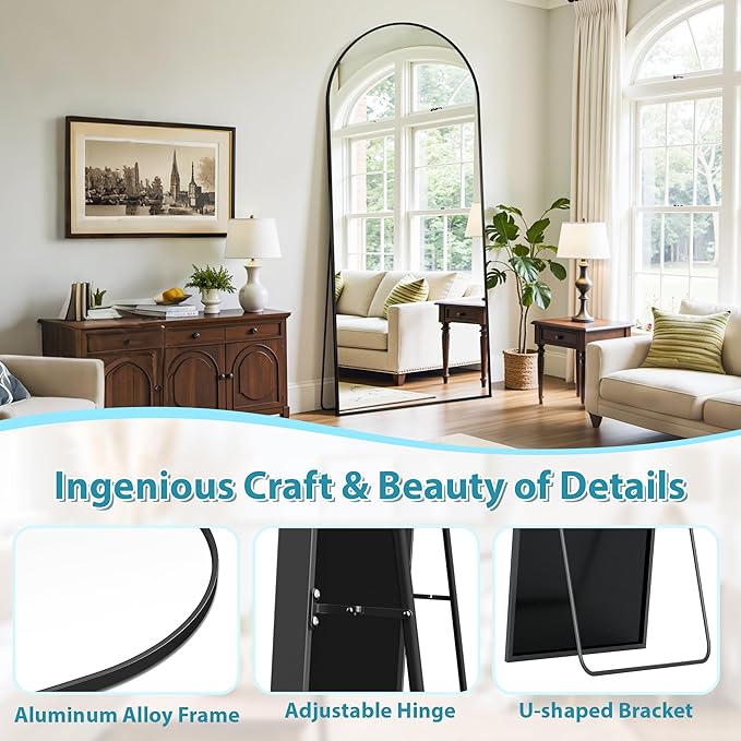 Full Length Mirror, 65"x22" Oversized Floor Mirror Freestanding, Full Body Mirror Floor Standing Mirrors with Stand, Hanging Mounted Mirrors for Bedroom Living Room, Black, Arched Style