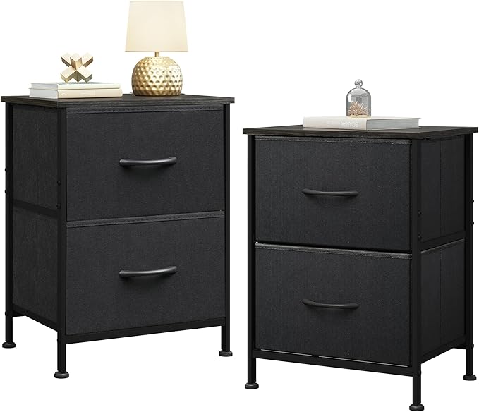 WLIVE Black Nightstand Set of 2, Night Stand with 2 Fabric Drawers, Small Dresser for Bedroom, Bedside Tables for Small Spaces, Dorm, Wood Top