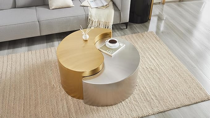 Modern Contemporary Luxury Ying-Yang 36" Coffee Table Set, Sculptural Design with Aluminum Frame for Living Room, Entryway, Home & Office, Gold & Silver Dual Tone Coffee Table