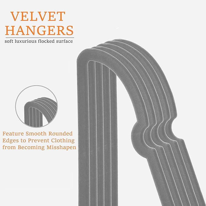 Grey Velvet Hangers 50 Pack, 16" Non Slip Adult Hangers, Slim Clothes Hanger with 360 Degree Swivel Hook - Durable & Cute