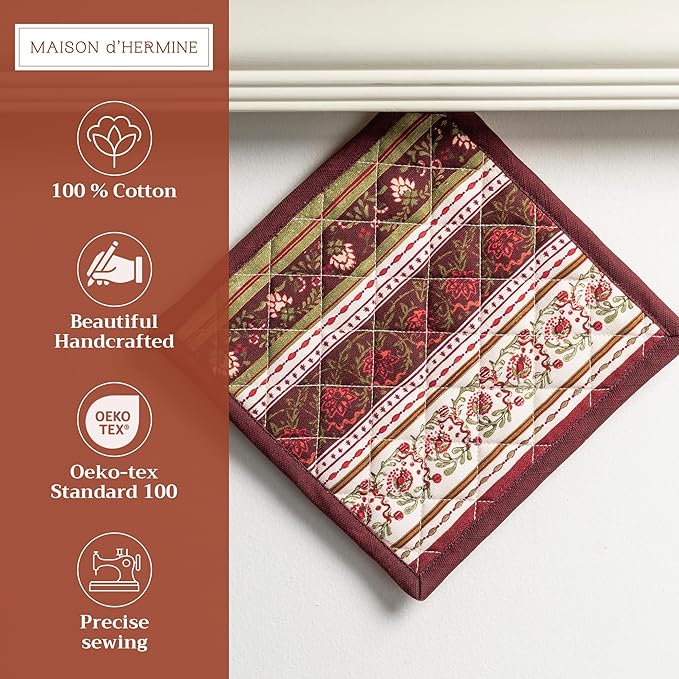 Maison d' Hermine Pot Holders 100% Cotton Heat Resistant Potholders 8" x 8" Hot Pads with Loop for Thanksgiving Christmas Decorations BBQ Cooking Handling Hot Pans (Pack of 1, Reveillon Au Jardin)