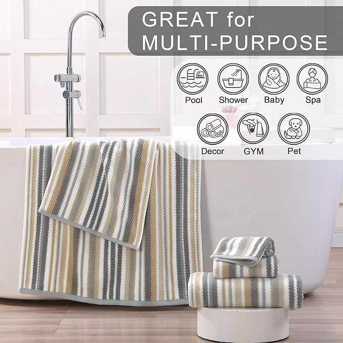 Cotton Towels Set of 6, 6PC Striped Towels - 100% Cotton & Quick Dry - 2 Soft Bath 28"x52", 2 Absorbent Hand 16"x27", 2 Lightweight Washcloth 13"x13", Tan Body Towel with Hanging loop, Gray + Beige