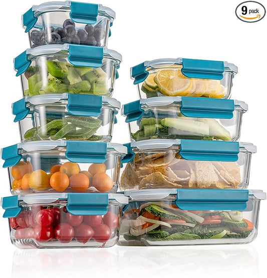 GENICOOK 9-Pack Glass Food Storage Containers with Airtight Lids-Glass Meal Prep Containers/Bento Box/Microwave Freezer Dishwasher Safe-Glass Lunch Box for Kitchen,Stackable,Large Capacity, BPA Free