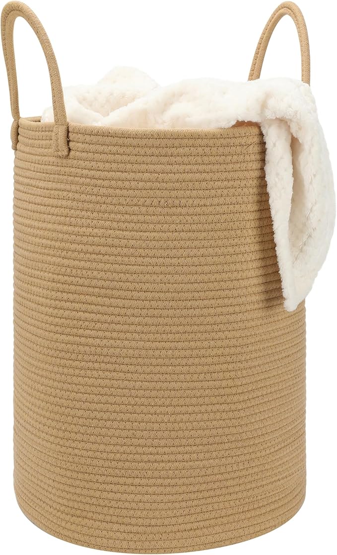 58L Cotton Rope Laundry Basket (20"x15"),Woven Basket for Storage Dirty Clothes Basket for Laundry, Living Room, Nursery, Bedroom Rope Storage Basket for Blankets（Brown）