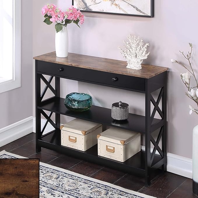 Convenience Concepts Oxford 1 Drawer Console Table with Shelves, Barnwood/Black