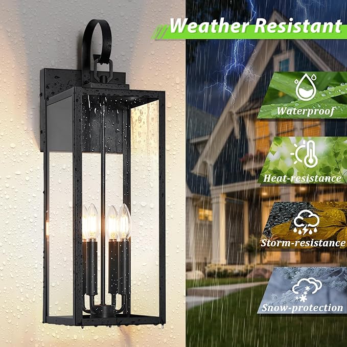BesLowe 25" Outdoor Wall Light Fixture, 4-Light Extra Large Exterior Lighting Fixture Wall Mount, Waterproof Porch Light Outdoor Wall Sconce Lantern, Outside Light for House Front Door Garage, Black