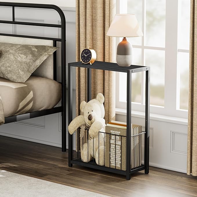 Narrow Side Tables Set of 2 with Magazine Holder, Skinny End Tables Perfect for Small Spaces, Space-Saving Design for Living Room, Bedroom, or Office, 7.1" D x 16.9" W x 23.6" H, Black