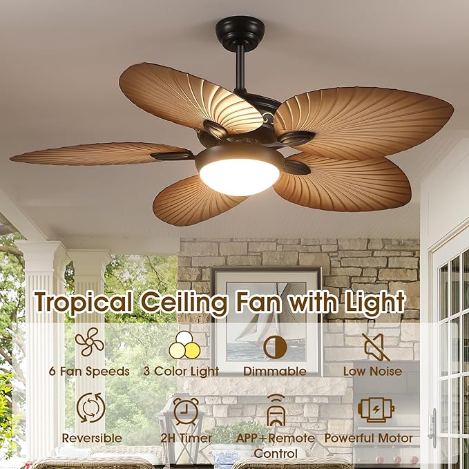 Ceiling Fans with Lights and Remote/APP Control, 52 Inch Tropical Palm Leaf Ceiling Fan with LED Lights, Outdoor Ceiling Fans for Patios Porch, Reversible Quiet Motor, Dimmable, Wood Grain