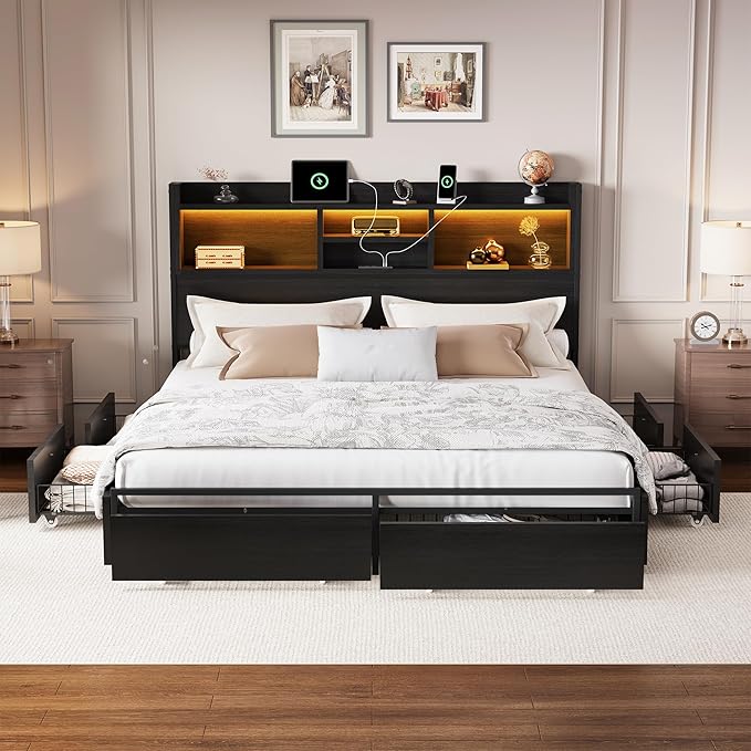 LARMACE Queen Size Bed Frame with 6 Storage Drawers and Headboard Wooden Platform Bed Frame with LED Lights and Charging Station Easy Assembly/No Box Spring Needed/Black