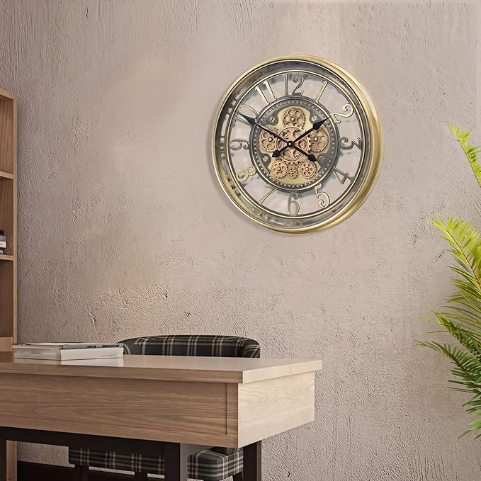 INFINITY TIME 21 Inch Moving Gears Wall Clock,Large Modern Decorative Wall Clocks for Living Room Decor,Brass Gold Roman Numeral