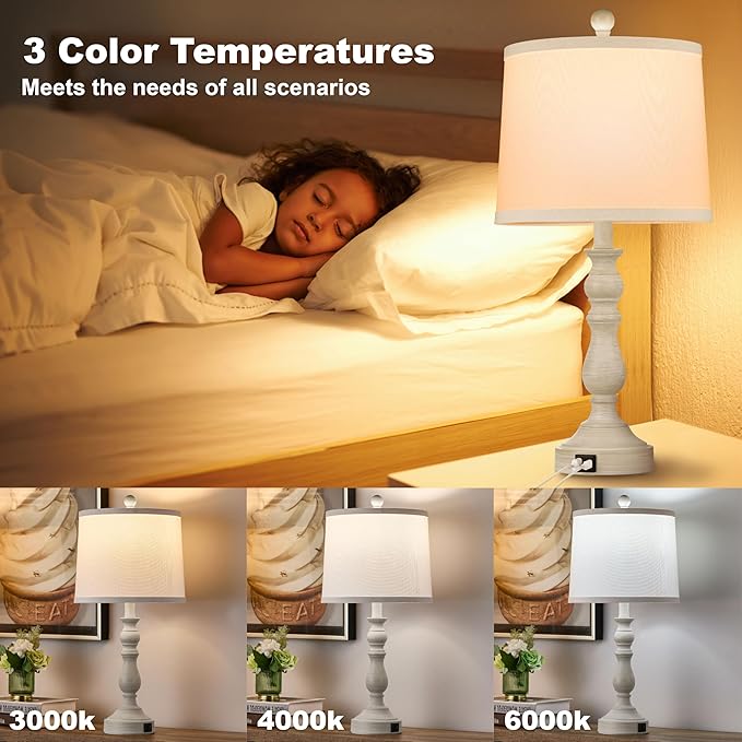 23'' Farmhouse Table Lamps for Living Room Set of 2 with USB C+A Ports, Retro Bedside Lamp for Bedroom, Office, Dining Room, Knob Switch, 3 Color Temperatures, Bulb Included, Beige