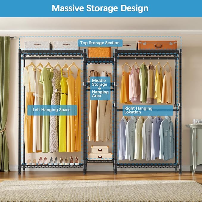 VIPEK Classic V6 Plus Wire Garment Rack Heavy Duty Clothing Rack for Hanging Clothes, Metal Freestanding Closet Wardrobe Rack Portable Clothes Rack, 84.7" L x 15.8" W x 76.4" H, Load 1120lbs, Black