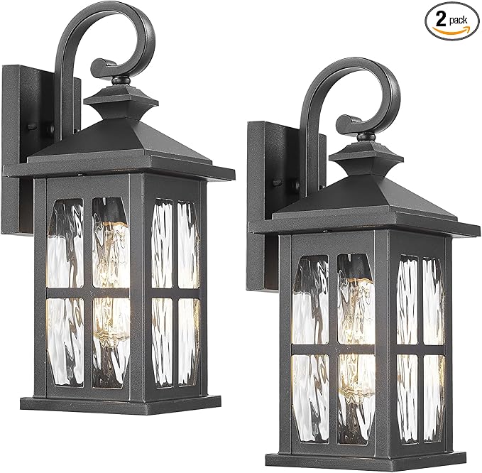Darkaway Outdoor Light Fixtures Wall Mount, 2pcs Outside Wall Lights Exterior Lighting Fixture with Water Ripple Glass Outdoor Wall Sconce for House Porch Hallway Garage Front Door
