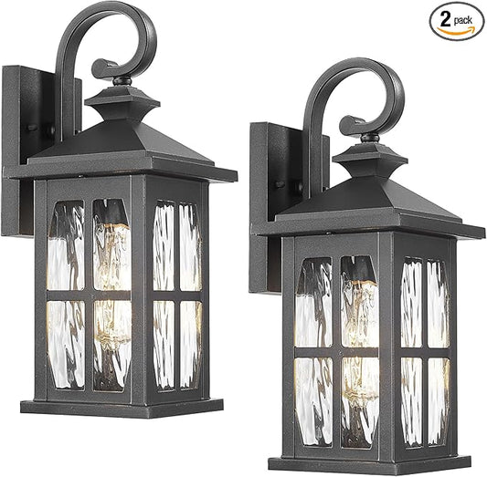 Darkaway Outdoor Light Fixtures Wall Mount, 2pcs Outside Wall Lights Exterior Lighting Fixture with Water Ripple Glass Outdoor Wall Sconce for House Porch Hallway Garage Front Door