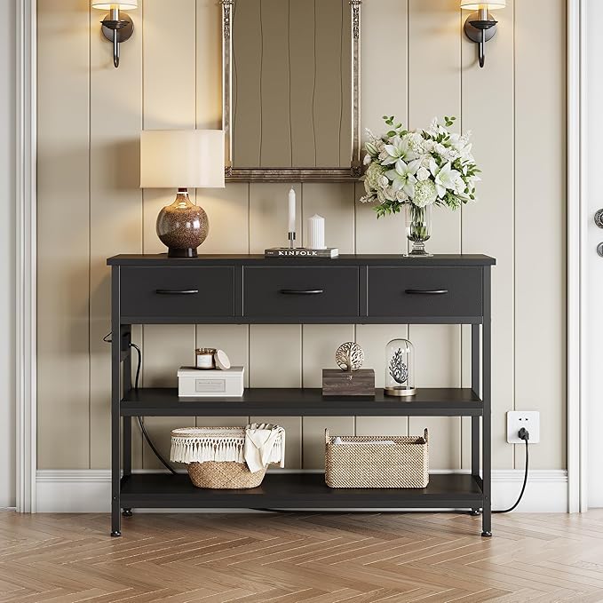 Lulive Entryway Table with Power Outlets, Console Table with 3 Fabric Drawers, Sofa Table for Living Room, Hallway, Couch, Foyer, Height Adjustable (Black, 43")