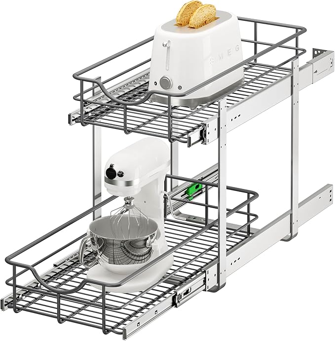 ALINE FURNITURE 2-Tier Pull Out Cabinet Organizer - 11" W x 22" D Soft Close Sliding Shelves with Shelf Liners - Pullout Drawers for Kitchen Cabinets, Pantry, Bathroom, Heavy Duty Steel Wire Baskets