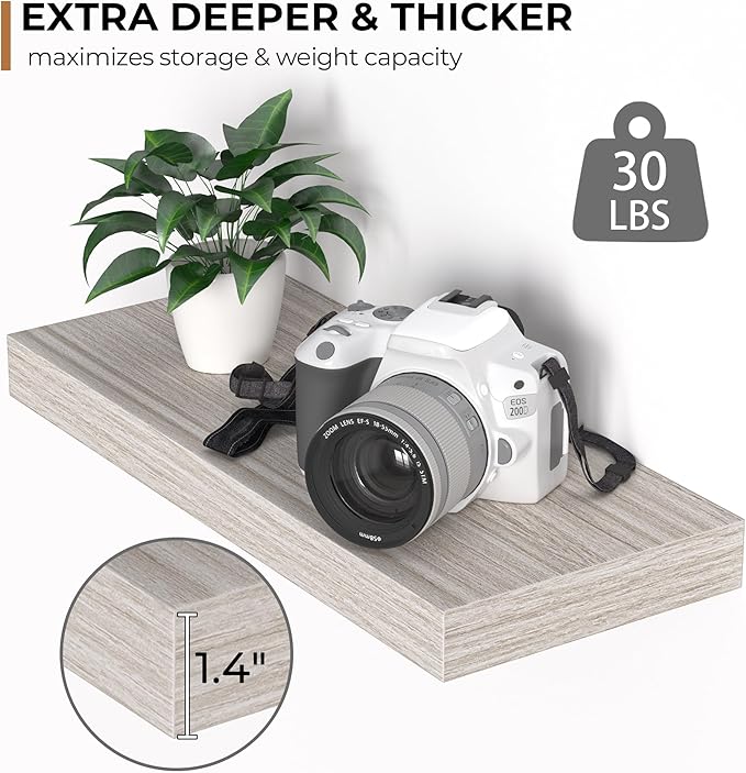 Floating Shelves - Rustic Grey Storage Shelf Set of 2 - 16 Inch Wall Mounted Shelves for Wall Decor & Storage - Wooden Shelves with Invisible Brackets for Living Room, Bedroom, Kitchen, Farmhouse