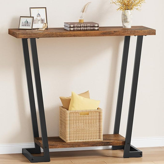 Tajsoon 2 Tier Narrow Console Table Rustic, 31.5'' Industrail Entryway Table with Storage, Thin Sofa Table with Gemometric Frame for Hallway, Living Room, Foyer, Entrance, Rustic Brown
