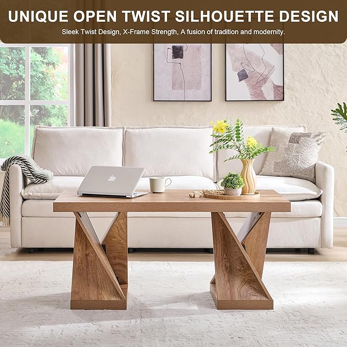 OKD Modern Coffee Table, 48" Twisted Center Table with Wood Thickened Pedestal, Rectangular Rustic Living Room Table, Farmhouse Storage Low Cocktail Tea Table, Light Tree Knot
