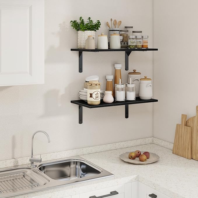 Fun Memories Deep Floating Shelves for Wall, 12 Inch Deep Black Wall Shelf, 24 Inch Long Floating Shelves with Bracket Set of 2, Rustic Deep Storage Shelf for Bedroom, Living Room, Kitchen