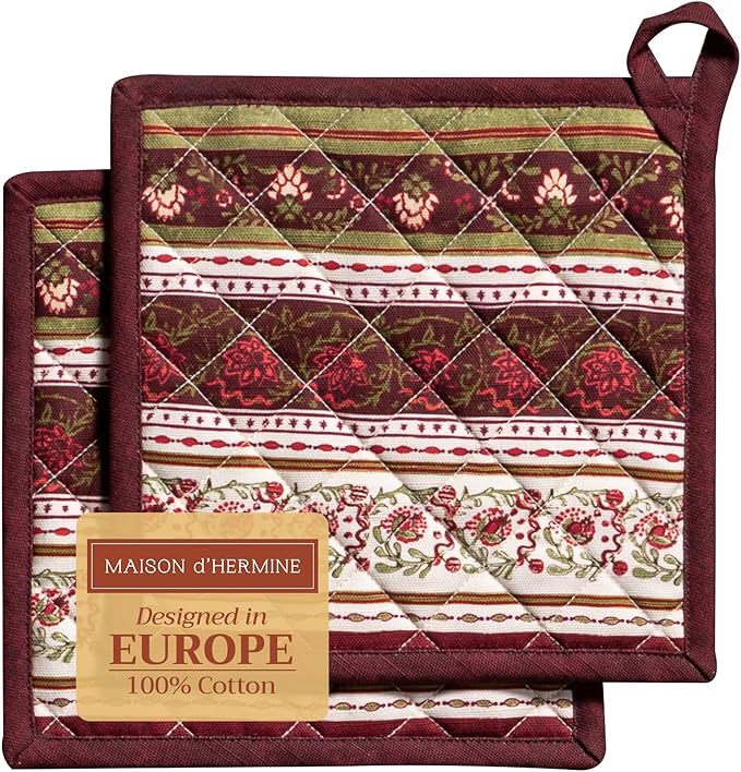 Maison d' Hermine Pot Holders Set 100% Cotton Heat Resistant Potholders 8" x 8" Hot Pads with Loop for Thanksgiving Christmas Decorations Baking Handling Hot Pans (Pack of 2, Reveillon Au Jardin)