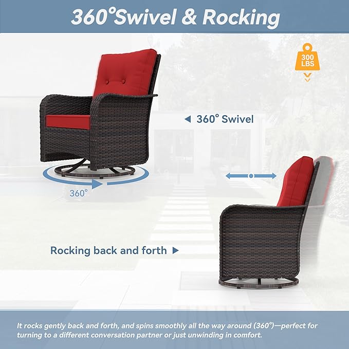 Kurapika 5 Pieces Patio Furniture Set, Rattan Wicker Outdoor Conversation Sets, 4 Woven Rattan Swivel Chairs w/48in Propane Fire Pit Table and Thickened Cushions, Red