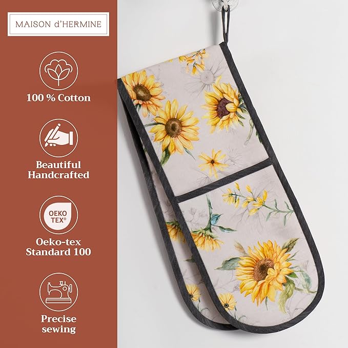 Maison d' Hermine Double Oven Mitts 100% Cotton 7"x35" Double Oven Mitt Heat Resistant BBQ Cooking Gloves with Loop, Baking, Grilling, Home, Kitchen, Handling Hot Pans Spring Summer (Candice)