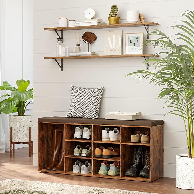 DINZI LVJ Long Wall Shelves, 47.3Inch Floating Shelves Set of 2, Extra Large Wall Storage Ledges with Sturdy Metal Brackets for Living Room, Bathroom, Bedroom, Kitchen, Rustic Brown