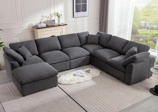 Modular Sectional Sofa Modern Oversized Cloud Couch with Movable Ottoman 7 Seater L-Shaped Sofas Comfy Couches for Living Room Spacious Space Office Lounge, Dark Grey