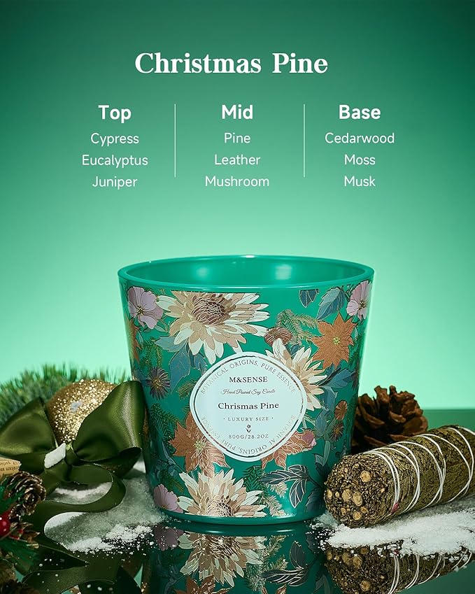 M&SENSE Christmas Pine Scented Candle, 28.2oz 3 Wick Natural Soy Wax Large Candles, Long Lasting Clean Slow Burning No Toxic Décor for Christmas, Romantic Dates & Gift-Giving