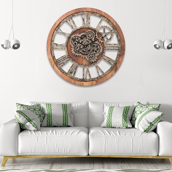 HOIBAI Large Wall Clock 24 Inch Large Clocks for Living Room Decor with Moving Gears Vintage Industrial Steampunk Farmhouse Big Clock for Home Kitchen Bedroom Office