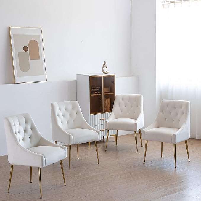 Modern Dining Chairs Set of 2, Mid Century Chairs with 5.12” Cushions and Golden Legs, Velvet Upholstered Dining Chairs with Back Pull Rod, for Kitchen, Living Room (Beige)