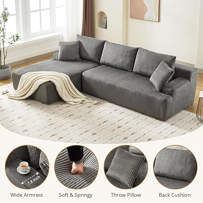 Sectional Cloud Couch for Living Room L Shaped Couch with 3 Seat Ind. Chaise Longue Corduroy Fabric Boneless Modular Modern Sofa with Pillows for Apartment and Small Space Grey
