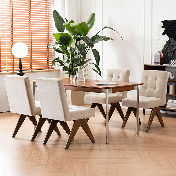 Rowill Modern Upholstered Dining Chairs Parsons Chair Linen Fabric Kitchen Chairs Tufted Armless Dining Room Chairs with Wood Legs Set of 6, Khaki