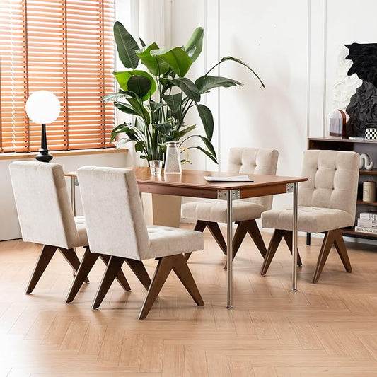 Rowill Modern Upholstered Dining Chairs Parsons Chair Linen Fabric Kitchen Chairs Tufted Armless Dining Room Chairs with Wood Legs Set of 4, Khaki