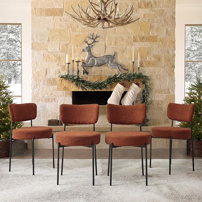 Brown Boucle Dining Chairs Set of 4, Upholstered Dinner Chair with Metal Frame, Dining Room Chairs with Padded Seat, Round Modern Seating for Living Room
