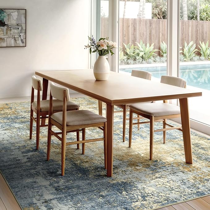 Area Rug Living Room Rugs - 8x10 Modern Abstract Soft Indoor Neutral Washable Rug Stain Resistant Non-Slip Low Pile Carpet for Bedroom Dining Room Home Office - Blue/Grey/Yellow