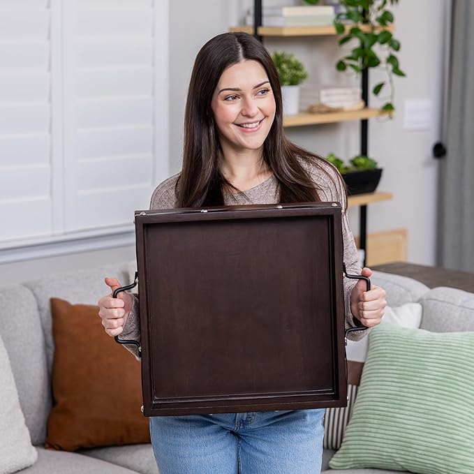 16"x16" Large Square Ottoman Tray, Heavy Duty Mango Wood, for Serving Tea, Breakfast in Bed, Living Room Large Coffee Table Tray Rustic with Farmhouse Style, Decorative Handles and Accent Strap