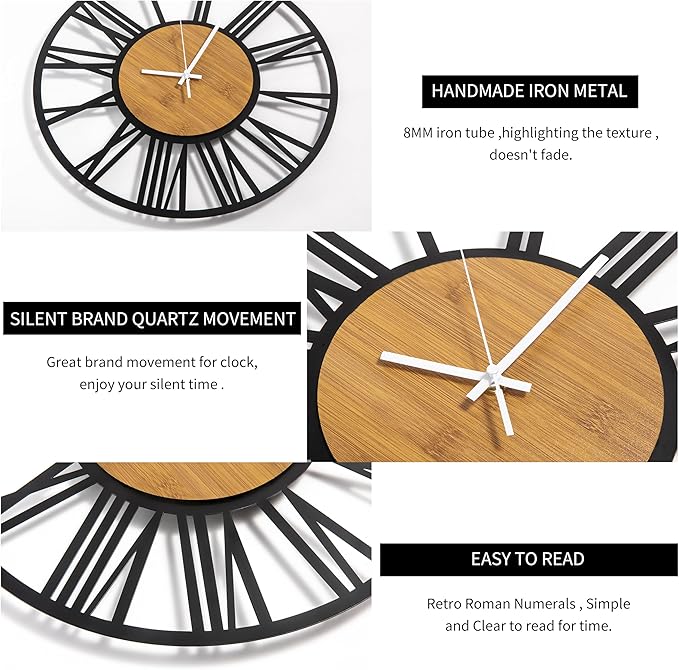 1st owned Wall Clocks for Living Room Decor,13" Vintage,Round Silent Non Ticking,Black Metal,Modern Wood Clocks for Home Bedroom,Kitchen,Garden,Office,Cafe,Modern Wall Decoration -Roman Numerals