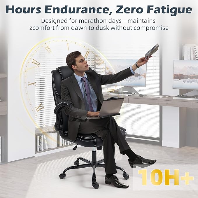 Office Chair - Executive Leather High Back Office Desk Chair with Rocking Function - Ergonomic Breathable Comfortable Wide Swivel Rolling Gaming Computer Chair with Flip-up Armrests & Lumbar Support