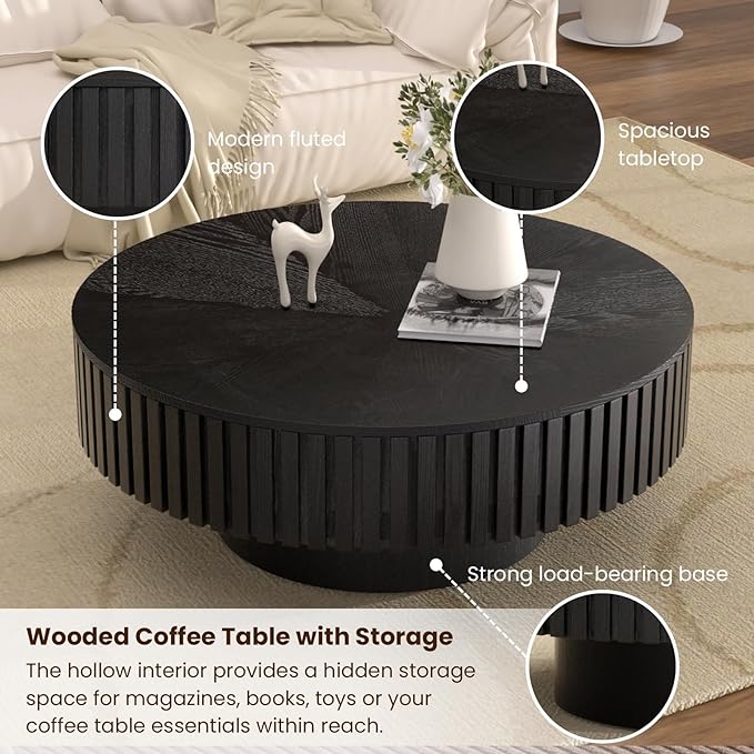 Round Drum Coffee Table with Storage, 31.5" Modern Handcraft Fluted Drum Coffee Table, Wooden Circle Center Table with Sturdy Pedestal for Living Room Apartment (31.5" Black with Storage)