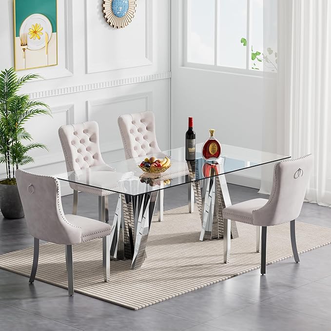 Goujxcy 70" Glass Dining Table Set for 4, Modern Silver Dining Table Set with 4 Beige Velvet Upholstered Dining Chairs, 5 Piece Kitchen Dining Room Table Set with Stainless Steel Legs