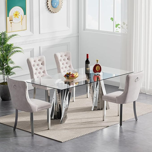 Goujxcy 70" Glass Dining Table Set for 4, Modern Silver Dining Table Set with 4 Beige Velvet Upholstered Dining Chairs, 5 Piece Kitchen Dining Room Table Set with Stainless Steel Legs