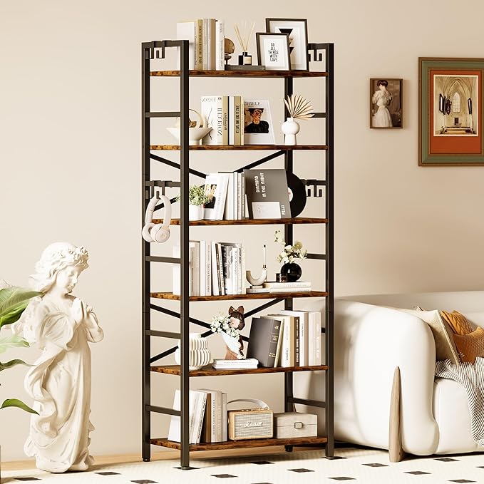 Homeiju 6 Tier Bookshelf, Industrial Bookcase with 8 Hooks, Vintage Storage Rack with Open Shelves, Rustic Standing Bookshelves Metal Frame Display Rack for Living Room, Bedroom, Rustic Brown