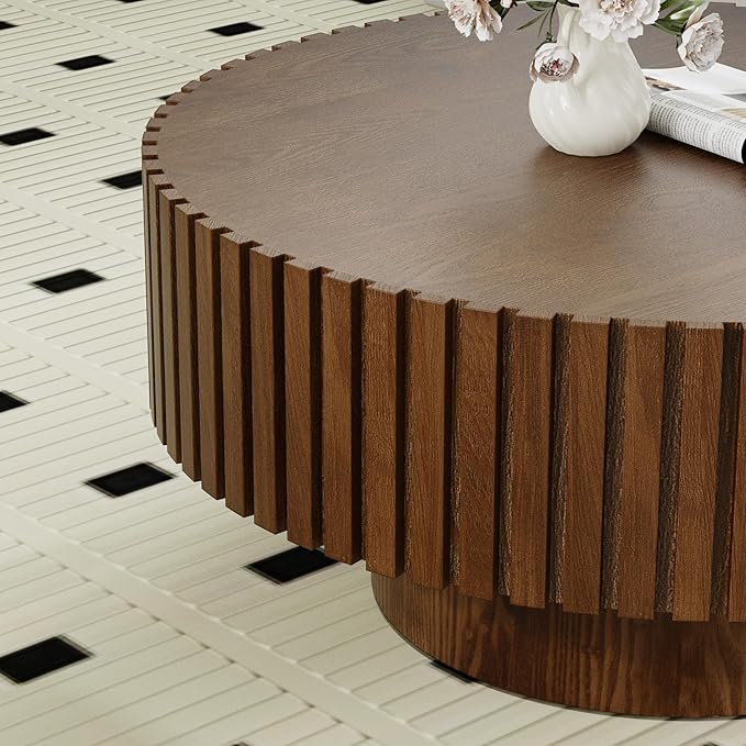 Round Coffee Table for Living Room, 31.5'' Modern Handcraft Drum Coffee Table Unique Fluted Coffee Tables Wood Center Table End Table for Small Space, Farmhouse Apartment Office (Round Brown)