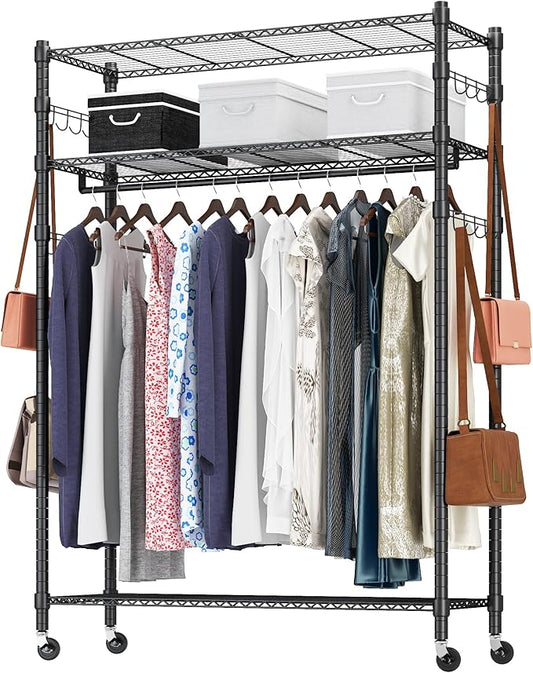 Heavy Duty Clothes Rack, Adjustable Rolling Garment Rack with Shelves, Freestanding Wardrobe Rack 1 Clothes Hanging Bar, 3 tired Wire Shelving, 4 Hanger Hooks - Hold Up to 400Lbs (Black, 1Rod 4Hook)