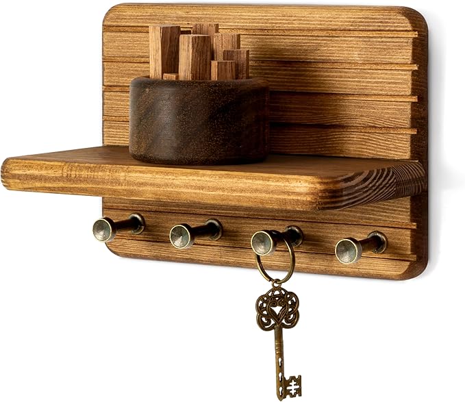 Rebee Vision Small Key Holder Wall Mount for Home Decor – Decorative 7-Inch Pine Wooden Key Holder for Wall with 4 Hooks & Mini Floating Shelf - Modern Farmhouse Home Organization (Light Brown)