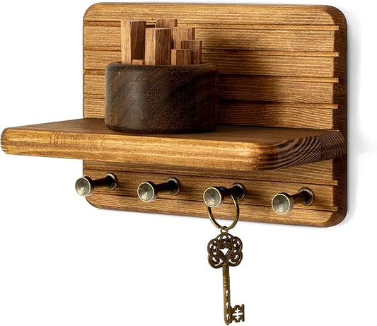 Rebee Vision Small Key Holder Wall Mount for Home Decor – Decorative 7-Inch Pine Wooden Key Holder for Wall with 4 Hooks & Mini Floating Shelf - Modern Farmhouse Home Organization (Light Brown)